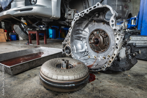 Close-up of automatic transmission torque converter ,automatic transmission repair and service in garage service shop.