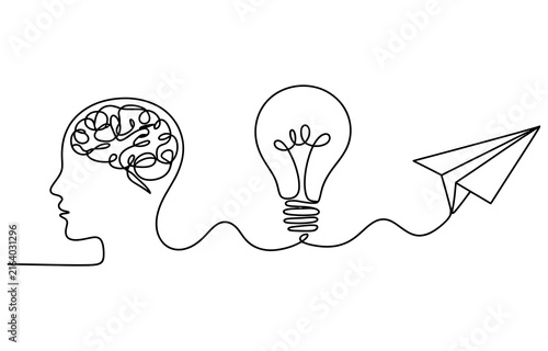 Continuous single line drawing of a human head with brain light bulb and paper airplane showing creative thinking and innovation concept Vector, illustration