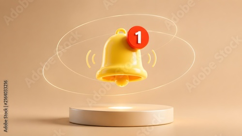 3D rendered yellow notification bell with unread message badge floating over a premium display podium
