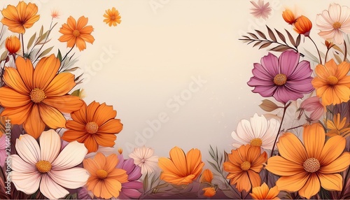 Tapety artystyczne 秋のフローラルなコスモスの花のメッセージカード・コピースペース付き