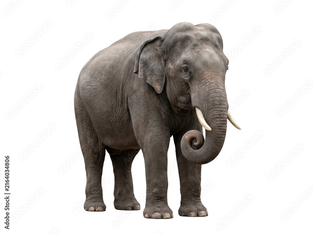 Obraz premium Isolated adult African elephant standing on white background with tusks and wrinkled gray skin