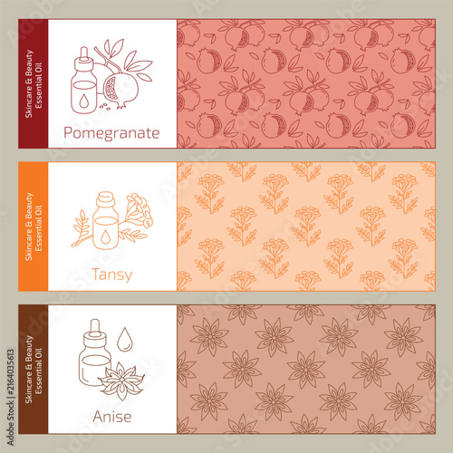 Essential Oil Skincare and Beauty Product Labels with Pomegranate, Tansy, and Anise Designs