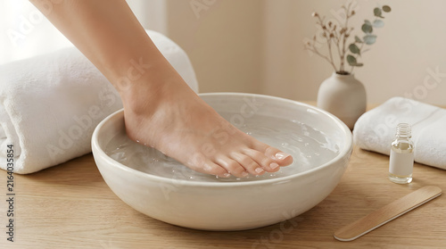 Feet soaking in warm water for relaxation
