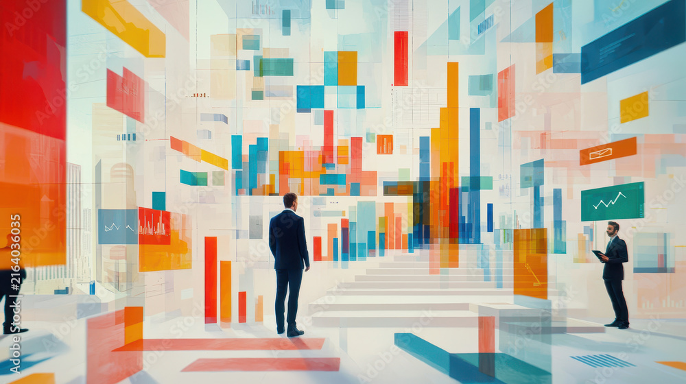 Fototapeta premium Futuristic digital landscape filled with colorful geometric shapes and data visualizations, depicting business environment