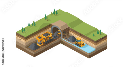 Isometric view of construction site with excavators and tunnel digging.