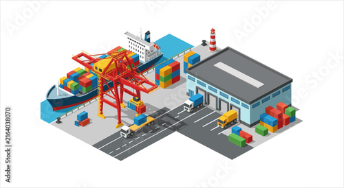 Isometric Port Scene with Cargo Ship and Crane.