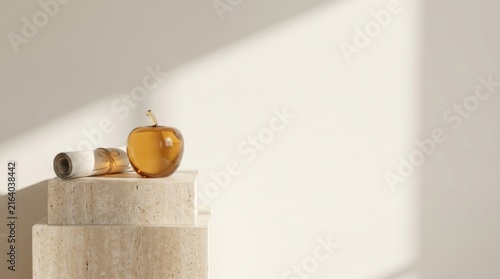 Golden Apple and Rolled Diploma on Stone Podium With Warm Sunlight