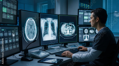 Doctor examining diagnostic scans using advanced AI technology in modern clinical workspace
