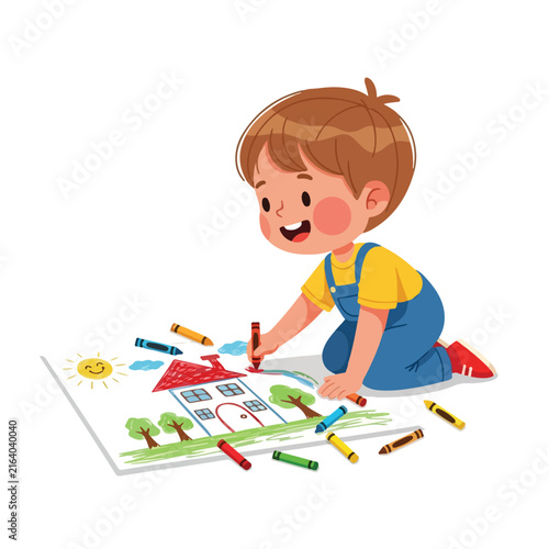 A happy little boy kneels on the floor, cheerfully drawing a colorful house and trees on a large piece of paper using bright crayons.