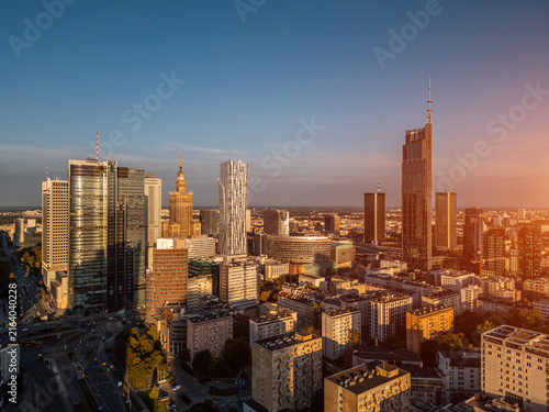 downtown of big capital city with skyscraper towers and modern tall office buildings, skyline and contemporary architecture of financial district, Warsaw, Poland, aerial top view