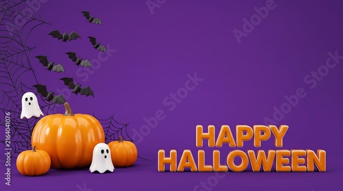 3D Happy Halloween Banner with Orange Pumpkins Cute Ghosts Bats and Spider Webs on Purple Background for Website