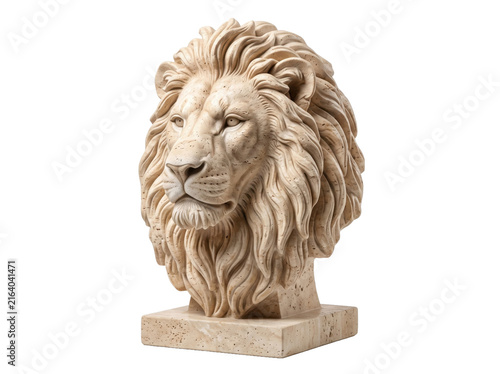 Majestic stone lion head sculpture bust isolated on transparent background for design projects