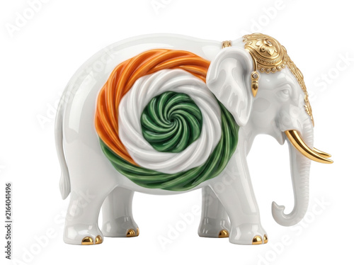 Decorative white elephant figurine with Indian flag colors isolated on white background