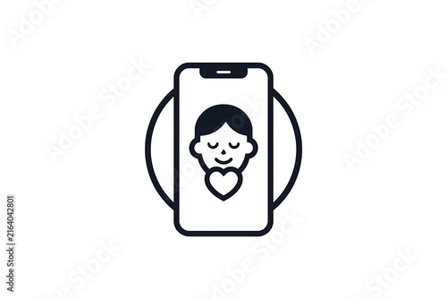 Mental wellbeing icon depicting a face with a heart presented in a flat black style. 