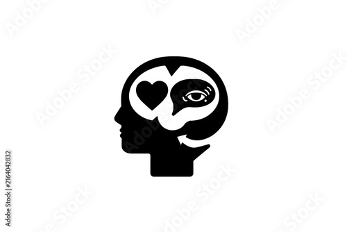 Human head silhouette containing a heart and eye symbol black vector graphic mental health mind.