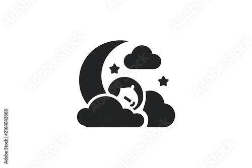 Sleeping figure rests amongst clouds and a crescent moon a black silhouette design slumber restful. 