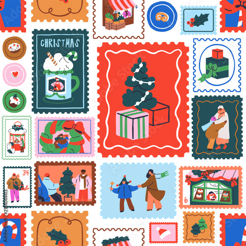 Christmas stamps, seamless pattern design. Retro postmarks for winter holiday...