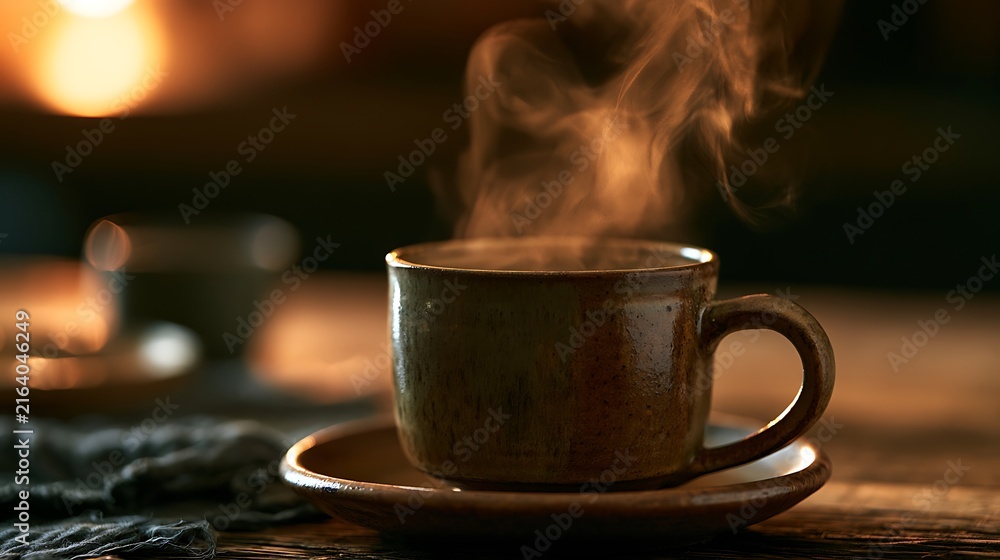 Fototapeta premium Steaming cup of hot coffee on a rustic wooden table.