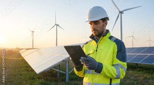 Aerial view of wind turbines and solar panels at sunset creating clean energy - Engineer Using Tablet at Solar and Wind Farm Sunset Photo