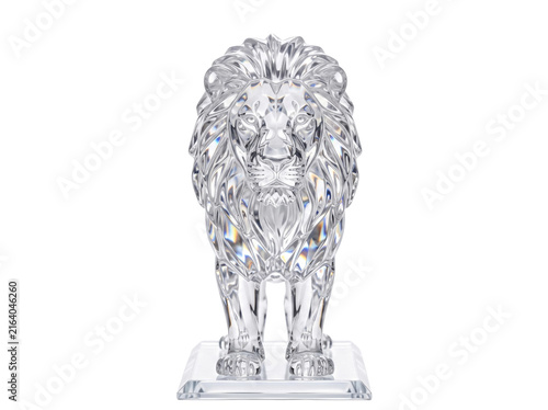Crystal lion figurine isolated on white background, luxury glass animal sculpture decor.