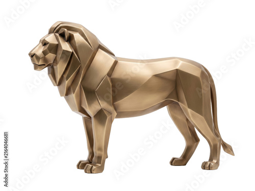 Golden geometric lion statue isolated on white background for modern interior decor design