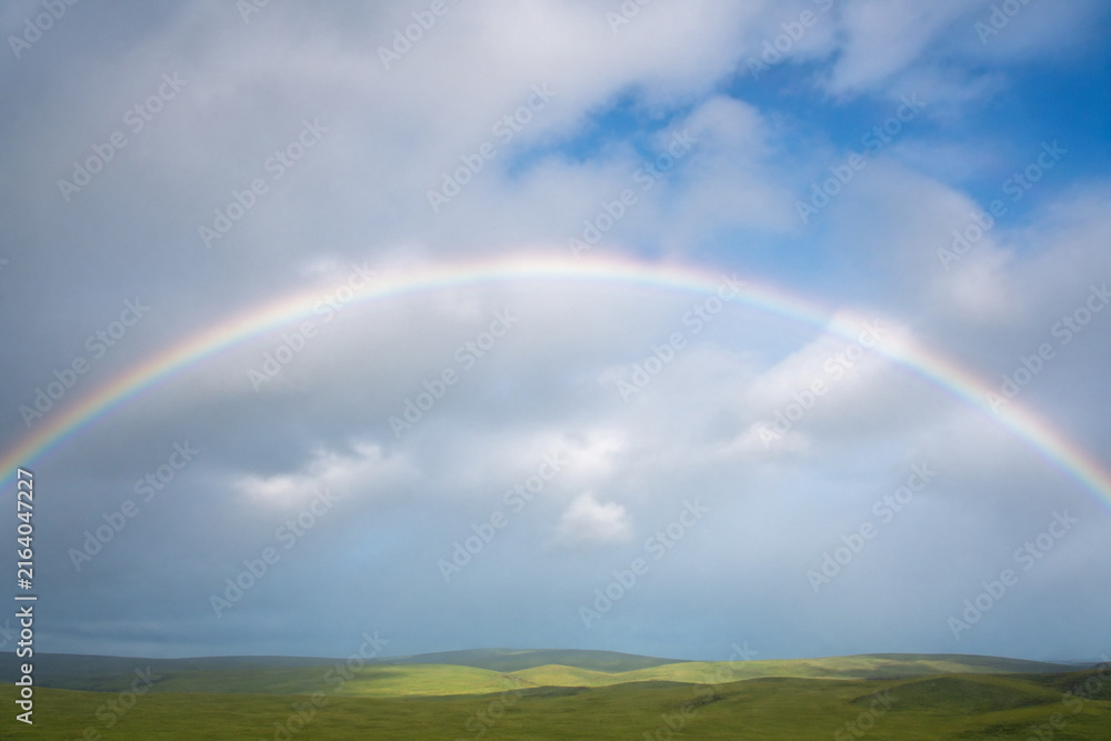 Naklejka premium A vivid rainbow arches over a wide landscape, meeting the horizon as clouds drift above a sunlit meadow. A calm, hopeful scene highlighting natural light and wonder.