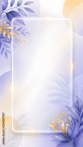 Elegant Frosted Glass Frame with Purple and Gold Botanical Leaves for Social Media Stories or Invitations