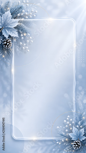 Elegant Winter Glass Frame Background with Frosted Leaves and Pine Cones