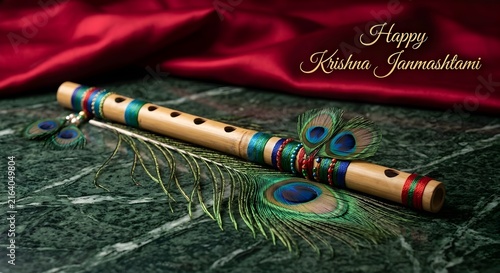 Happy Krishna Janmashtami festive design with decorated bamboo flute and peacock feathers on green marble.