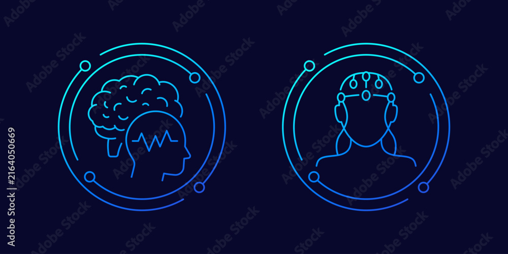 Naklejka premium EEG, electroencephalography brain test icons, linear design