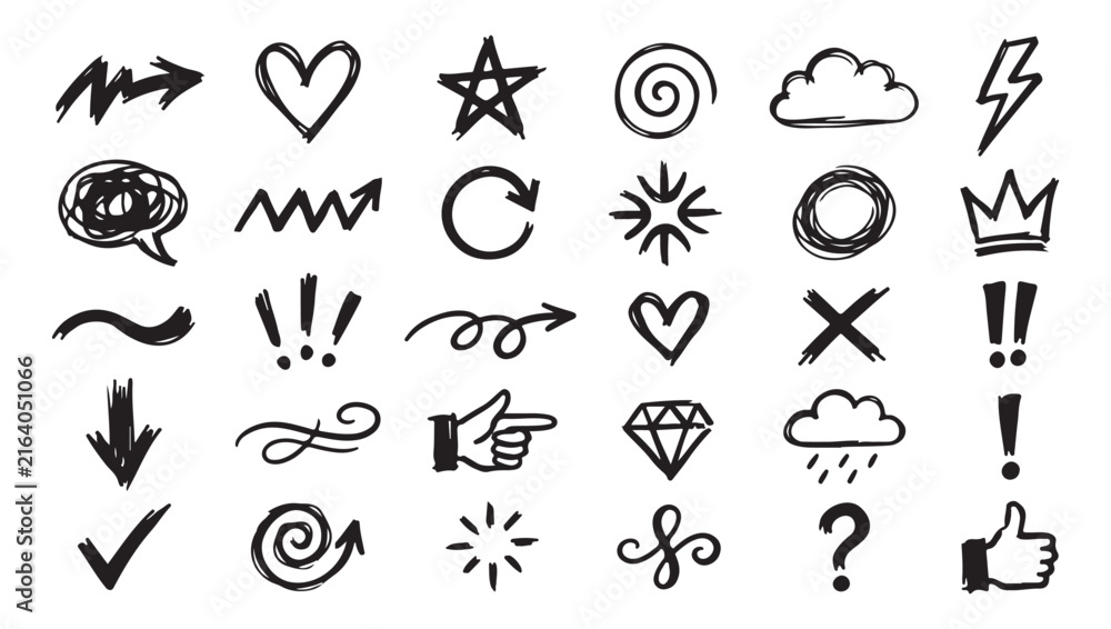 Fototapeta premium A collection of various hand drawn doodle icons and design elements on a plain white background