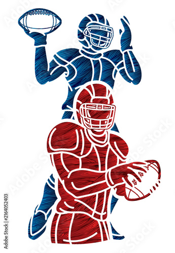 American Football Sport Team Mix Players Action Cartoon Silhouette Graphic Vector