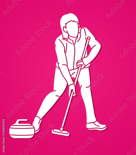 Curling Sport Female Player Acton Cartoon Silhouette Graphic Vector 