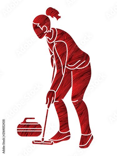 Silhouette Curling Sport Female Player Acton Cartoon Graphic Vector 