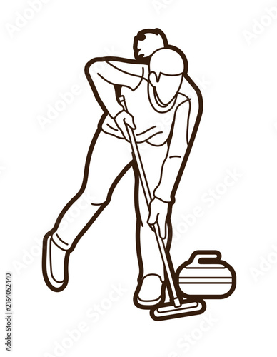 Curling Sport Female Player Acton Cartoon Outline Graphic Vector 