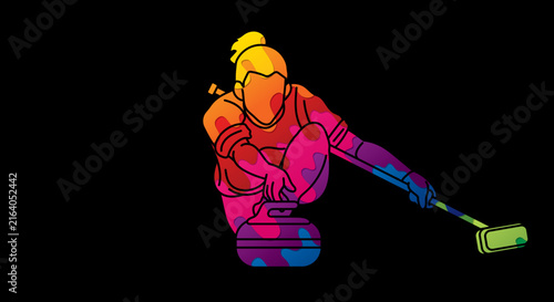 Curling Sport Female Player Acton Graphic Vector 
