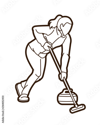 Curling Sport Female Player Acton Cartoon Outline Graphic Vector 