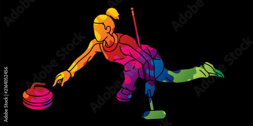 Curling Sport Female Player Acton Cartoon Graffiti Vector 