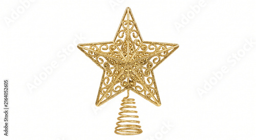 Golden glittery Christmas tree topper in the shape of a star with intricate filigree design and a spiral base isolated on a white background