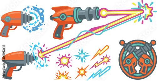 Fotografía Sci Fi Retro Ray Gun Vector Set with Futuristic Laser Blasters Spark Effects and