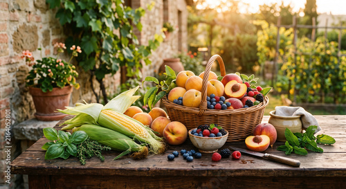 Abundant summer harvest of fresh organic fruits and vegetables including peaches berries and corn on a rustic wooden table outdoors at sunset