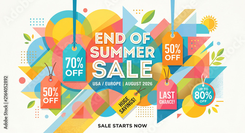End of Summer Sale vibrant graphic with discount tags and geometric shapes for marketing promotions and advertising campaigns horizontal