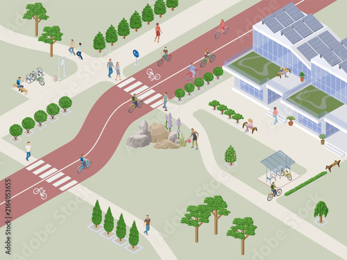 isometric bike lane scene with a crosswalk and eco townhouse