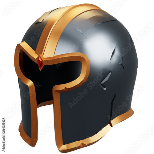 3D Stylized Fantasy Iron Helmet with Gold Trim and Red Gem for RPG Game