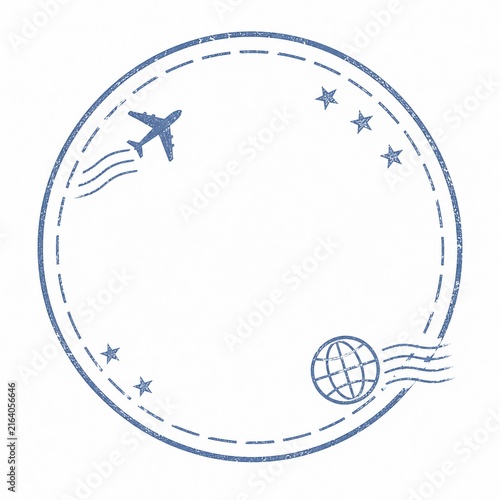 飛行機と地球儀、星がデザインされた旅のコンセプトのスタンプ風円形フレーム