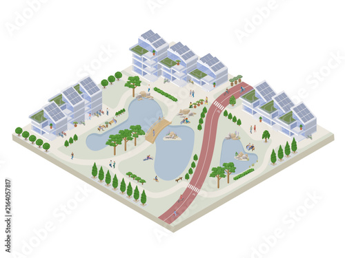 isometric eco townhouses surrounding a park with ponds and cyclist