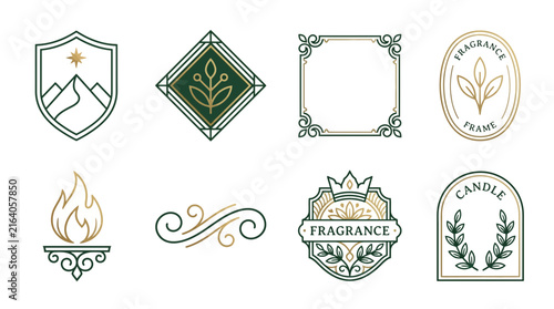 Isolated Elegant Decorative Emblem Set: Mountains, Plants, Flame, Frame, Fragrance