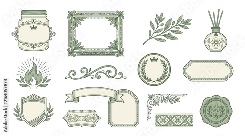 Ornate Decorative Elements Collection: Frames, Labels, Wreaths, Jar, Ribbon