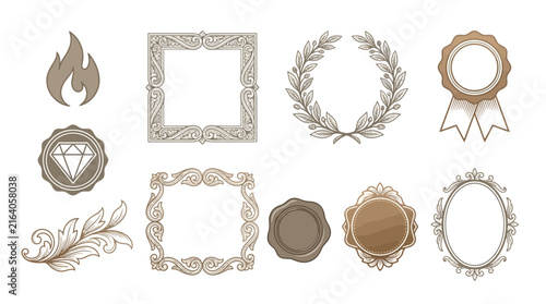 Ornate Decorative Emblems, Frames, Wreath, Flame, Diamond Isolated