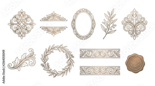 Ornate Floral Swirls, Frames, Wreath, and Wax Seal Set